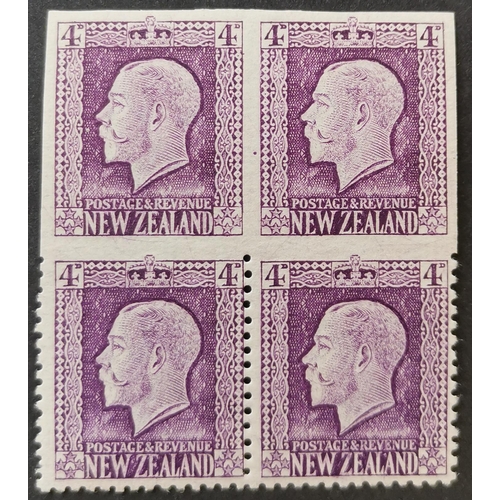 383 - NEW ZEALAND. 1915-30 4d bright violet fresh M block of 4  the upper pair imperf  and the lower pair ... 