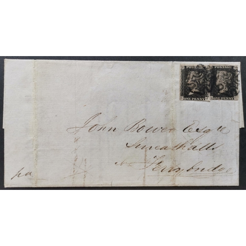 567 - QUEEN VICTORIA. 1840 1d greyish blacks Pl.11  2 singles GJ (4 margin)  RG both tied with black MC's ... 