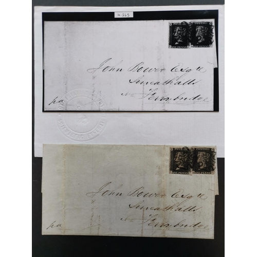 567 - QUEEN VICTORIA. 1840 1d greyish blacks Pl.11  2 singles GJ (4 margin)  RG both tied with black MC's ... 