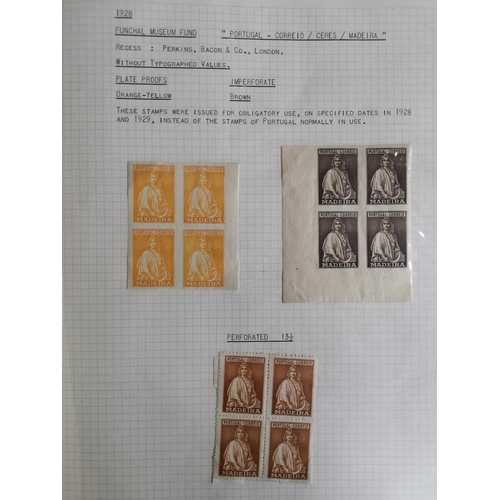 182 - PORTUGAL.  MADEIRA. 1928 Funchal Museum Fund Plate Proofs 5c  1E  1E60  in imperf UM blocks of 4  an... 