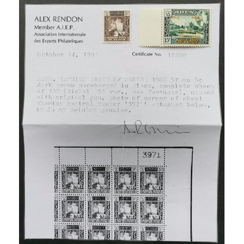 213 - ADEN.  SEIYUN. 1966 (13 August) 5f on 5c surcharge in black ex proof sheet with photocopy of Alex Re... 