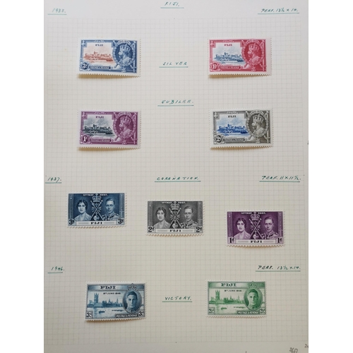 359 - FIJI.  KEVII-QE mainly M untidy collection on leaves noting 1912-23 duplicated vals to 5/- (3)  with... 