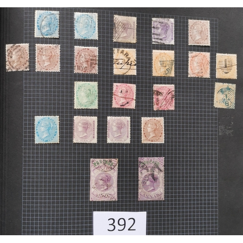 392 - INDIA.  Collection in album incl. 1854 ½a x 7  1d x 5  2a x 2 and 4a cut-to-shape x 2 in mixed condi... 