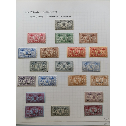 454 - NEW HEBRIDES.  M or U range on leaves from 1908  English with 1911 to 5/- M  1925 to 5/- M  1938 Gol... 