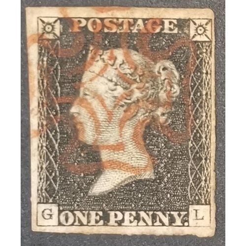 590 - QV.  1840 1d black  Pl.1b  GL  close to large margins and red MC  showing the re-entry. A little ton... 