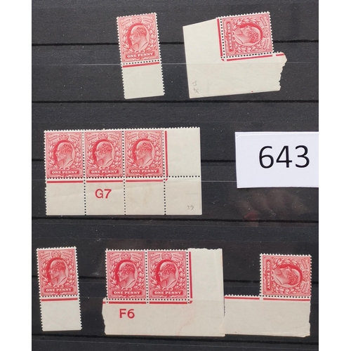 643 - KE VII.  CONTROLS. Range of ½d's and 1d's  mainly with controls M  incl. blocks  strips and singles ... 