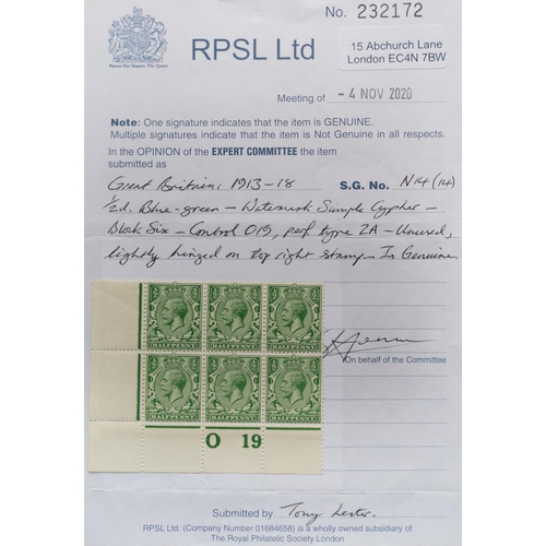 663 - KG V.  1912-24 ½d blue-green 019 corner control block of 6 M (5 stamps unmounted). 2020 RPS certific... 