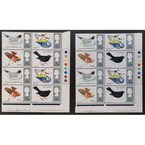 722 - QE II.  1966 Birds 4d ord corner traffic light block of 8 with reddish brown omitted UM. Also a norm... 