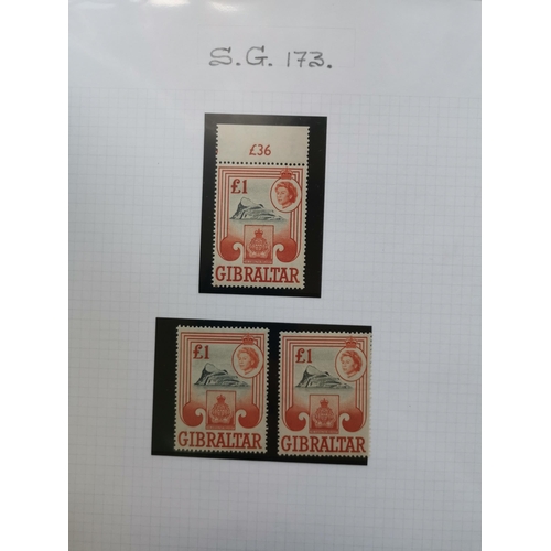 375 - GIBRALTAR.  M stock of 1953-9 and 1960-62 defins  with 1953-9 to 2/- (9)  5/- (5)  10/- (6) and £1 (... 