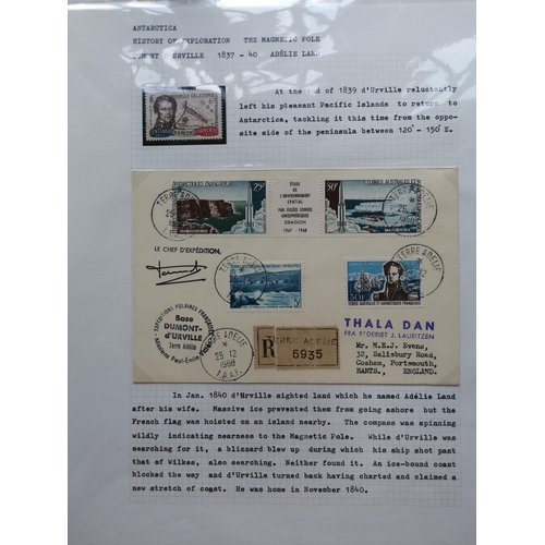 111 - MIXED WORLD.  ANTARCTIC. A small collection of stamps and covers written up on leaves incl. NZ Victo... 