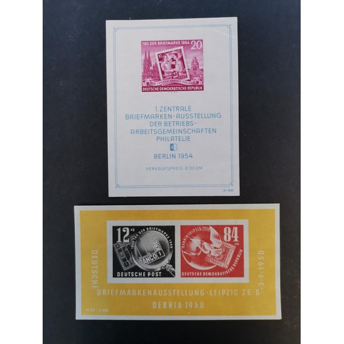 209 - GERMANY.  EAST GERMANY. M/s's UM with 1950 Debria  1953 Marx perf and imperf  and 1954 Stamp Day. A ... 