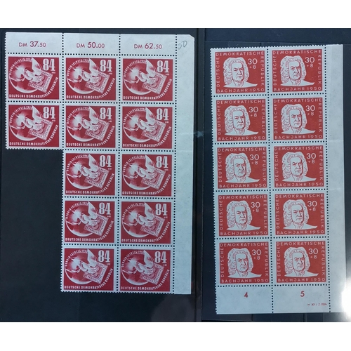 212 - GERMANY.  EAST GERMANY. 1950 Phil. Exhibition 84pf + 41pf block of 12 and Bach set of 4 in corner bl... 