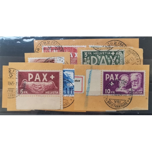 305 - SWITZERLAND.  1945 PAX FU vals on pieces with 30c  50c  80c (2)  1f (corner crease)  and 2f t 10f. A... 