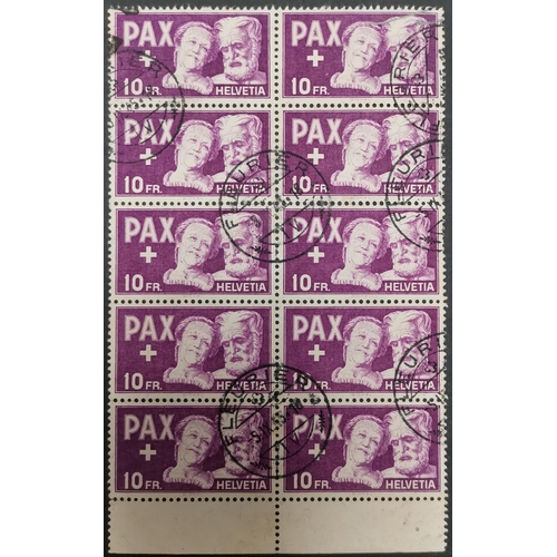 308 - SWITZERLAND.  1945 PAX 10f marginal fine used block of 10 (2 x 5). Scarce piece. SG459. Cat. £1 800 ... 