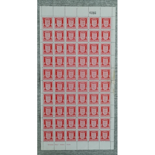 899 - JERSEY. 1941-43 1d on chalky paper sheet of 60  4 stamps with faults  others fine UM. (60)