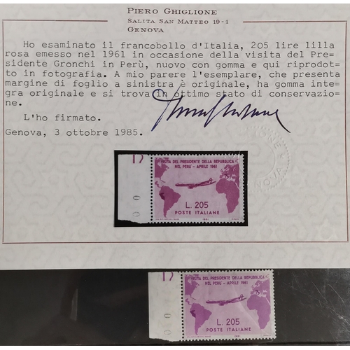 241 - ITALY.  1961 Gronchi 205l rose error of colour marginal UM with Piero Ghiglione 1985 certificate. Al... 