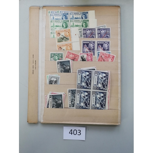 403 - MALTA.  M or UM ranges packed onto 10 old time stocksheets  incl. QV vals to 5/- (2) and 10/-  KEVII... 