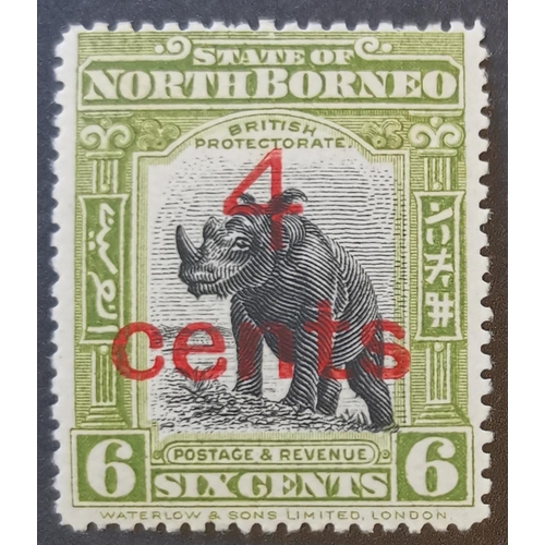 447 - NORTH BORNEO.  1916 (Feb) 4c on 6c p.14½-15 M. SG187c. Cat. £225. (1)