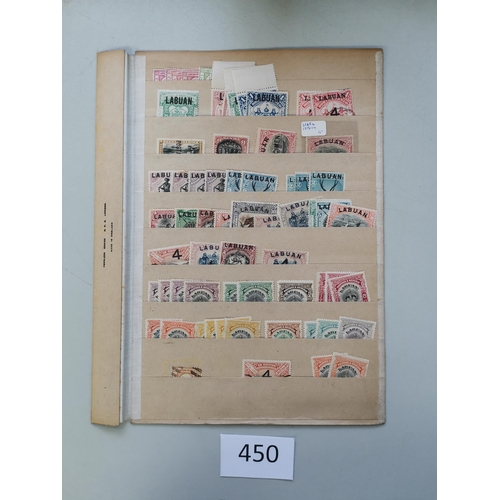 450 - NORTH BORNEO.  LABUAN. M and U range of values on stocksheet  varied condition. (approx. 65)