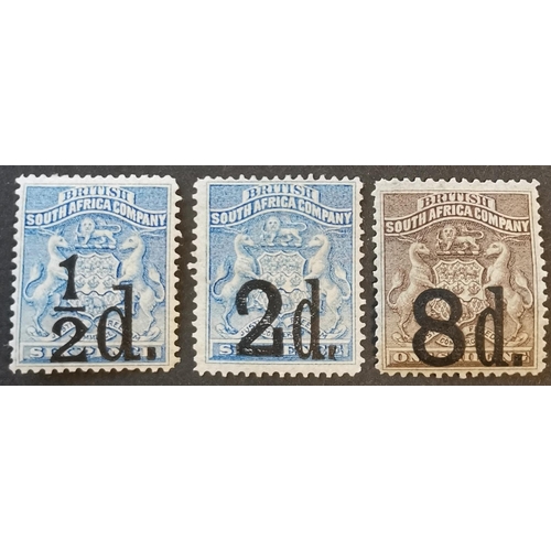 459 - RHODESIAS.  1892 ½d  2d and 8d surcharges M or o.g. SG14  15 and 17. (3)