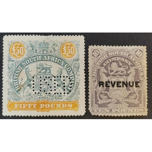 461 - RHODESIAS.  REVENUES. 1897 £50 (perfin) and 1907 £10. Some faults. (2)