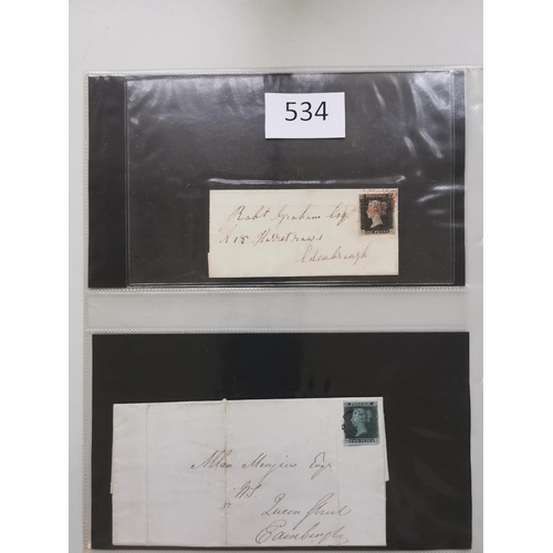 534 - QV.  1840 1d black and 1841 2d blue on wrappers (filing creases)  1870 ½d Pl.12 pair FU on envelope ... 