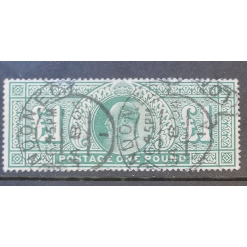 603 - KE VII.  1902-10 £1 dull blue-green FU with London scroll cancels. SG266. (1)