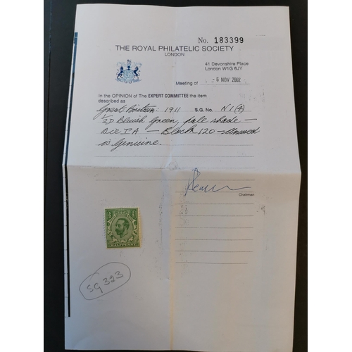 616 - KG V.  1911-12 ½d bluish green die A UM. Photocopy of RPS certificate for a block of 120 from which ... 