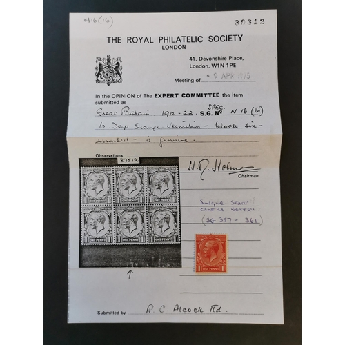 624 - KG V.  1912-24 1d deep orange-vermilion UM. Photocopy of 1975 RPS certificate for a block of 6 from ... 