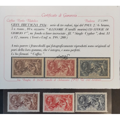 668 - KG V.  1934 2/6d to 10/- UM. 2003 Caffaz certificate with pencil expertisation on reverse. (3)