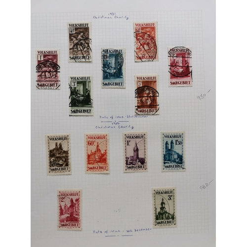 150 - GERMANY.  SAAR. Fine used collection on leaves  incl. 1922 to 5f  1926-7 Welfare sets  1931 Christma... 