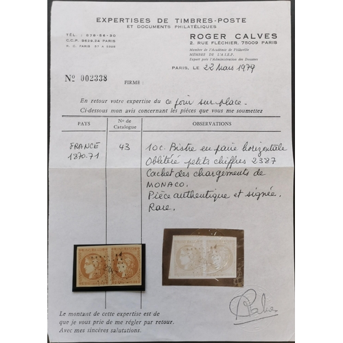 175 - MONACO.  1870 France Ceres 10c bistre horizontal pair fine used with '2387' cancel. Large margins. 1... 