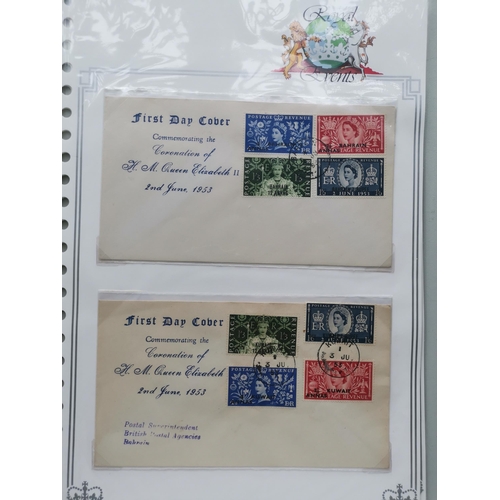 50 - MIXED WORLD.  OVERPRINTS ON GB. 1953 Coronation sets on FDC's for Bahrain  Muscat  Kuwait and Tangie... 