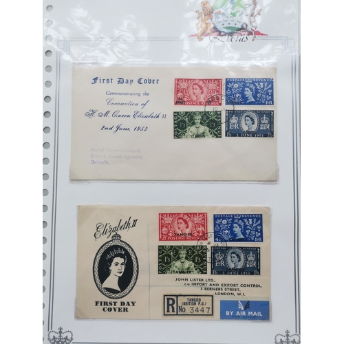 50 - MIXED WORLD.  OVERPRINTS ON GB. 1953 Coronation sets on FDC's for Bahrain  Muscat  Kuwait and Tangie... 