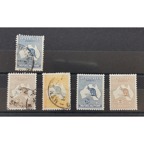 311 - AUSTRALIA.  Kangaroos with 1913 2½d used  1915 2/- and 5/- used  and 1915-27 2½d and 2/- M.  Mixed c... 