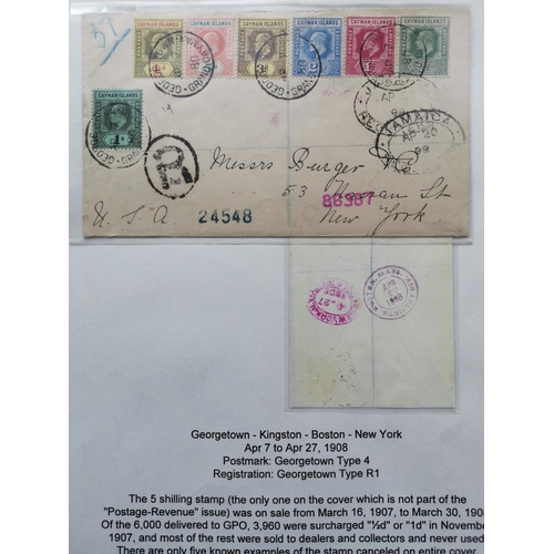 378 - CAYMAN IS.  7/4/08 cover to New York (date slugs incorrectly read AP 7 80)  bearing 1907 5/- and 190... 