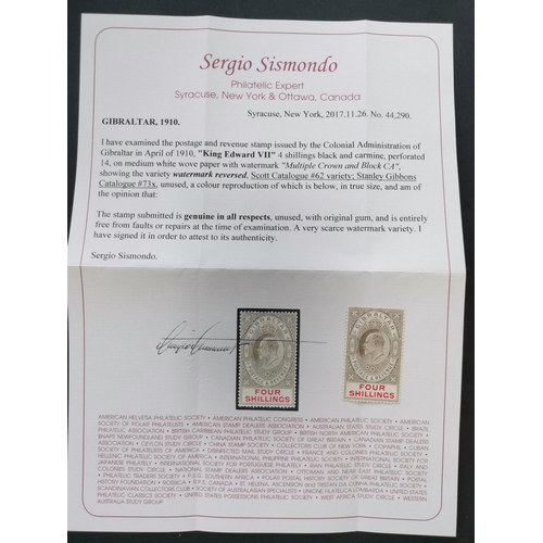 403 - GIBRALTAR.  1906-11 4/- with reversed wmk. M. Sismondo 2017 certificate and corresponding pencil sig... 