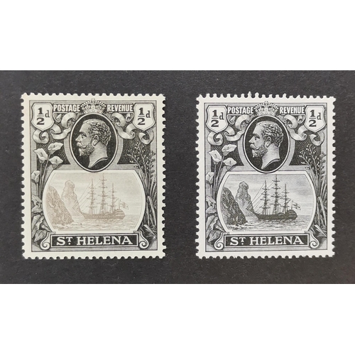 488 - ST HELENA.  1922-37 ½d grey and black and grey-black shades both with broken mainmast varieties M.  ... 