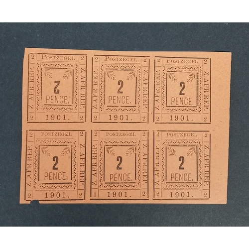 498 - SOUTH AFRICA.  TRANSVAAL. Pietersburg 1901 2d  second printing  marginal M block of 6  positions 3/4... 