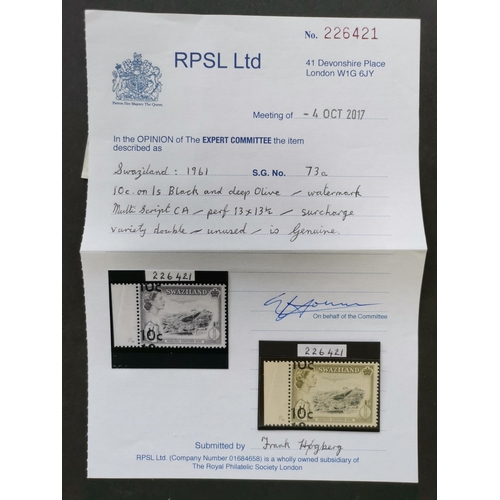 506 - SWAZILAND.  1961 10c. on 1/- with surcharge double marginal UM. 2017 RPS certificate. SG73a. Cat. £2... 