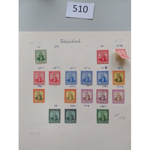 510 - TRINIDAD AND TOBAGO.  Collection on leaves and stockcards  in Britannia M vals to 5/- (2) and £1 (a ... 