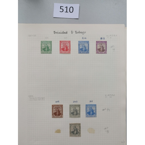 510 - TRINIDAD AND TOBAGO.  Collection on leaves and stockcards  in Britannia M vals to 5/- (2) and £1 (a ... 