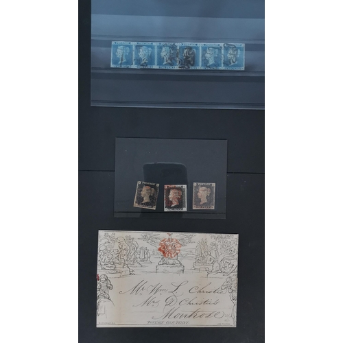 555 - QV.  1840 Mulready 1d wrapper used (filing folds)  1840 1d black x 3 with red MC's (2 with 4 margins... 