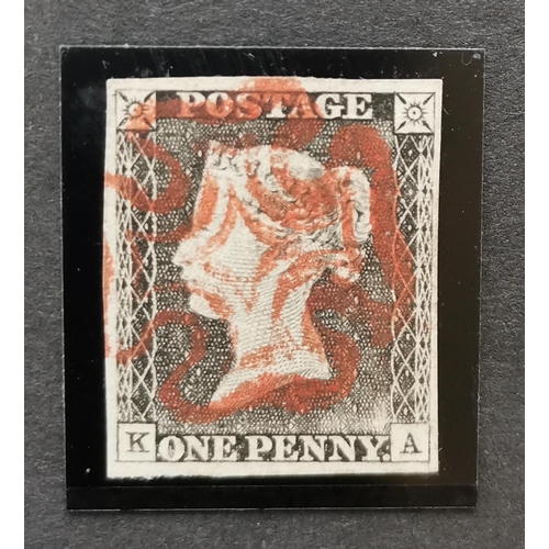 561 - QV.  1840 1d black  Pl.1a  very worn plate  KA  fine used with red MC. (1)