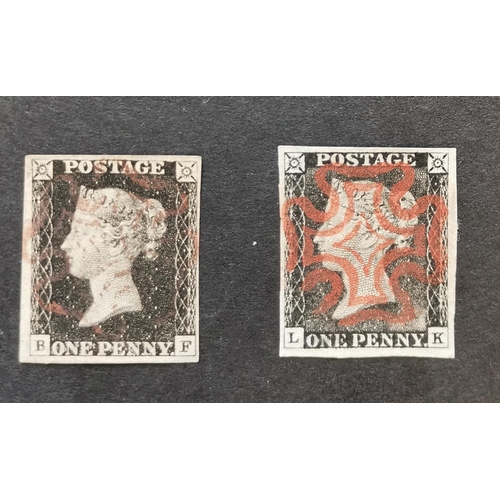 562 - QV.  1840 1d black  Pl.1a  LE fine used with red MC and good margins  and another unplated example w... 