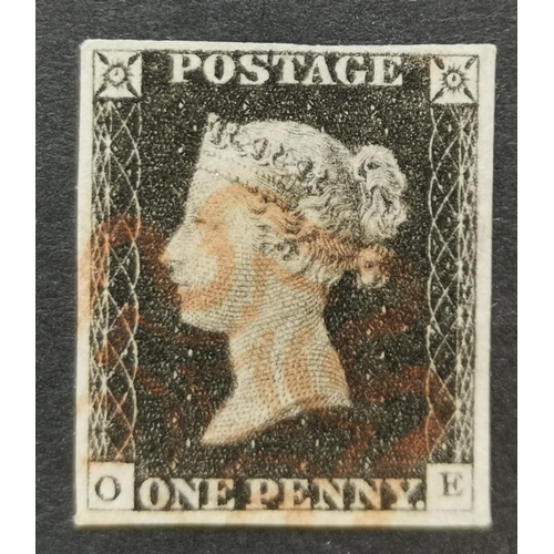 566 - QV.  1840 1d black  Pl.2  OE  fine used with red MC. (1)