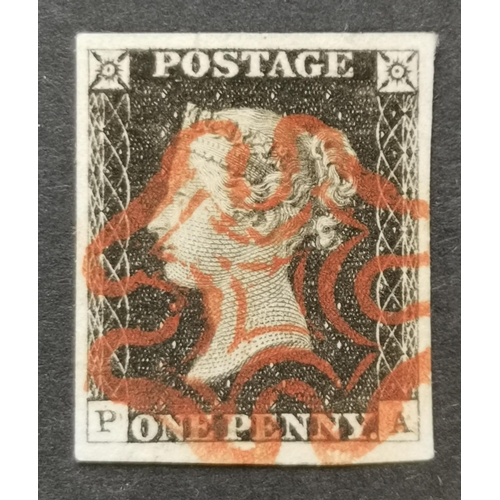 567 - QV.  1840 1d black Pl.2  PA  showing doubling of 'P'  VFU with red MC. (1)