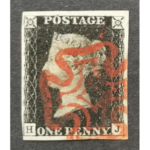 569 - QV.  1840 1d black  Pl.5  HJ  fine used with clear to large margins and red MC.  (1)