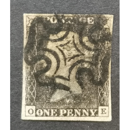 570 - QV.  1840 1d grey-black  Pl.6  OE used with 4 margins and black MC but thinned. (1)