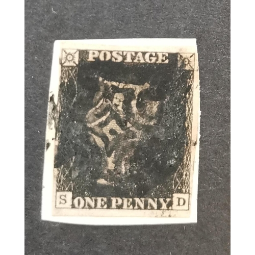 572 - QV.  1840 1d black  Pl.8  SD  margins all round  used on small piece with black MC with dot in centr... 